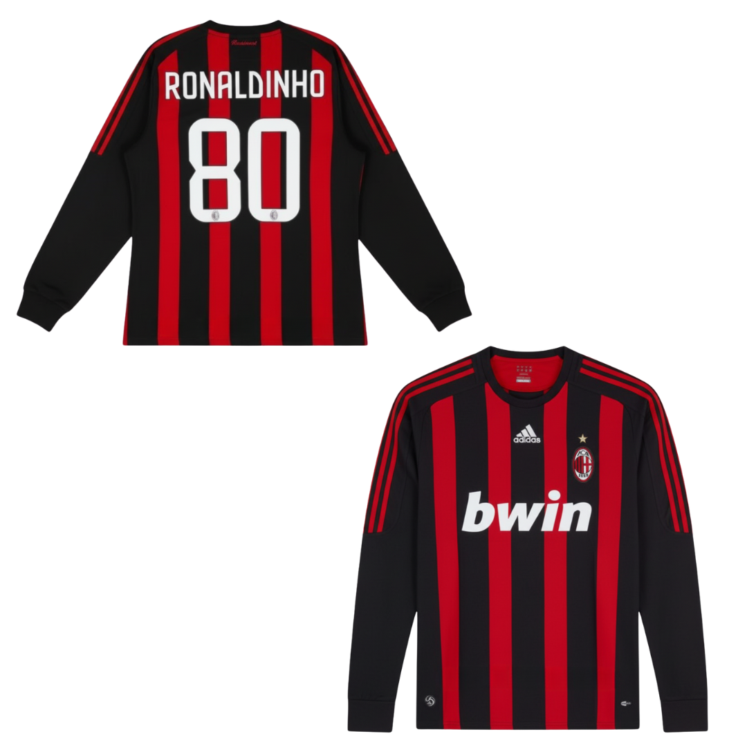 CLASSIC AC MILAN HOME LONG-SLEEVE SHIRT 2008-2009 + RONALDINHO 80