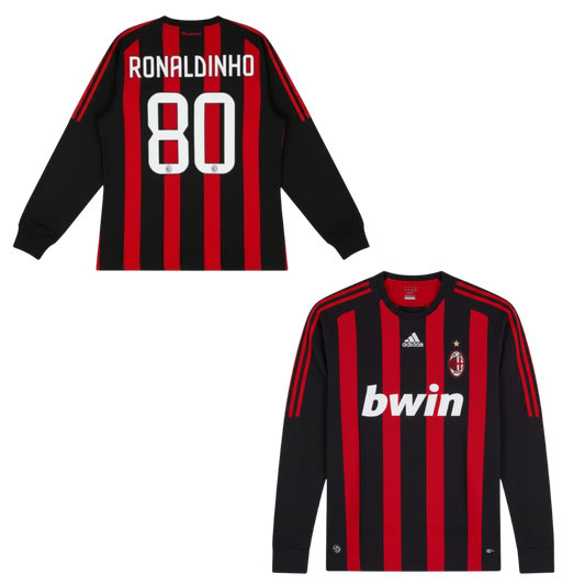 CLASSIC AC MILAN HOME LONG-SLEEVE SHIRT 2008-2009 + RONALDINHO 80